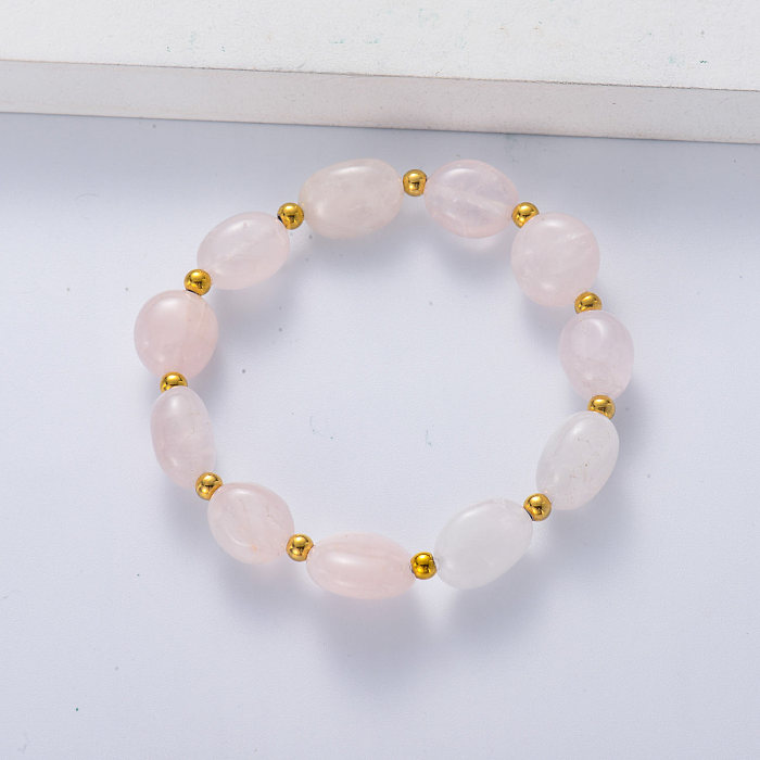 Bracelet perlé en forme d'oeuf ovale de quartz rose avec pierres précieuses naturelles