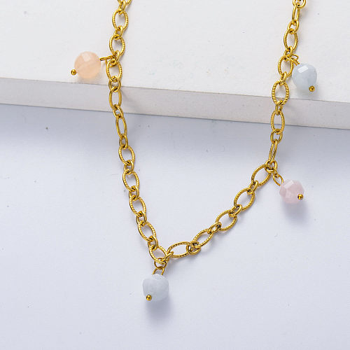 Asymmetric stainless steel gold plated thick chain with colorful amazonite necklace