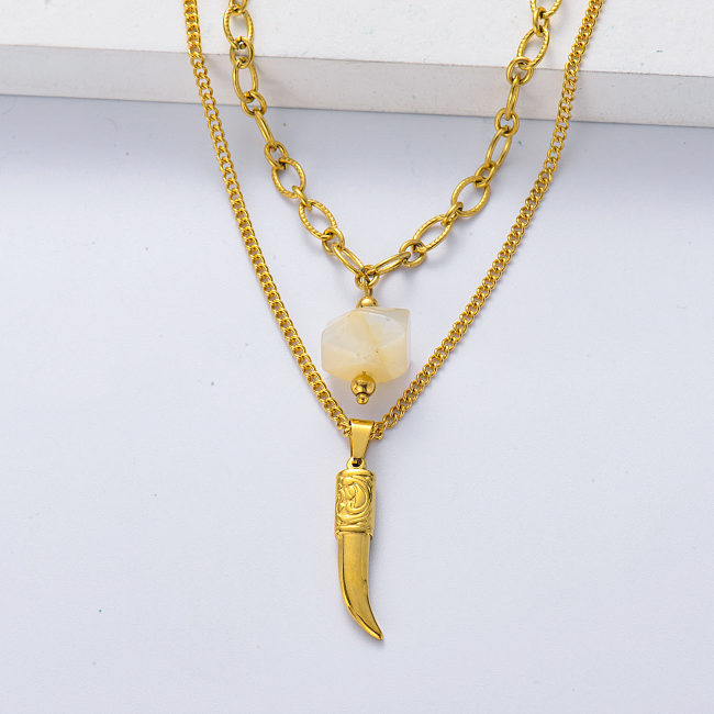 New Arrival Natural Stone Necklace Non Tarnish 18k Gold Plated Pendant Layered Necklace