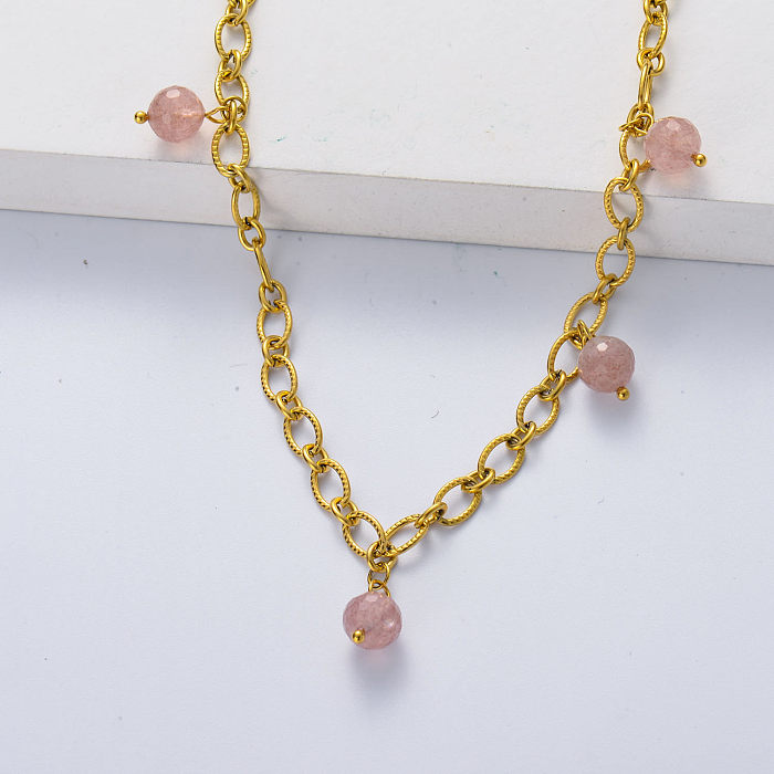 Collar de cadena gruesa asimétrica de acero chapado en oro con amazonita rosa
