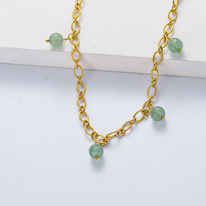 Asymmetric stainless steel gold plated thick chain with green amazonite necklace