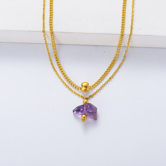 Fashion Irregular Natural Stone Amethyst Pendant  Gold Plated Surgical Steel Layered Necklace