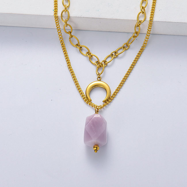 Fashion Women Stainless Steel Jewelry Pendant Amethyst Natural Stone Layered Necklace
