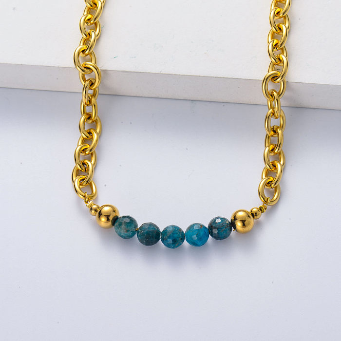 stainless steel gold plated thick chain with blue carbon necklace
