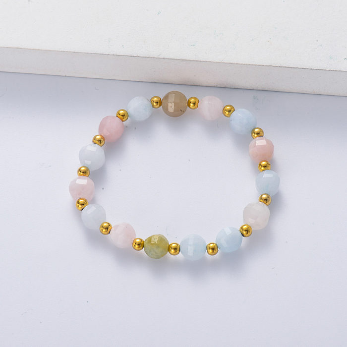 Morganite natural bracelet with stainless steel ball for women