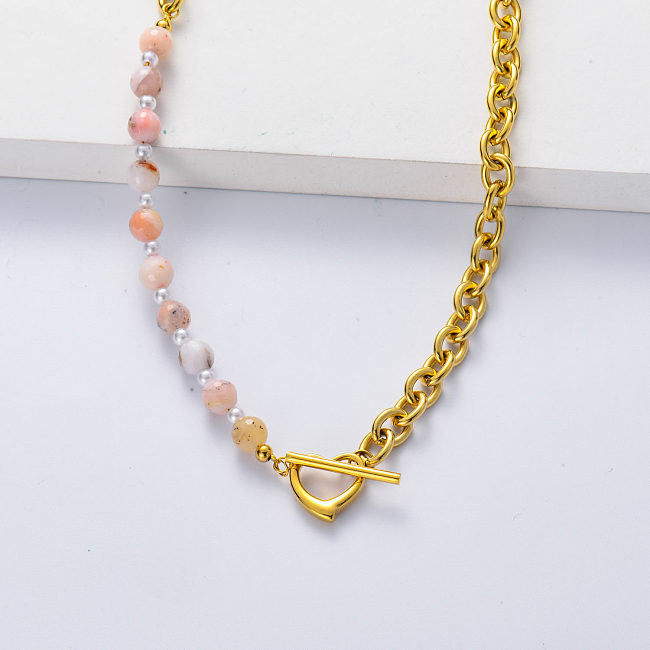 Asymmetric 316L stainless steel gold plated thick chain with pink opal necklace