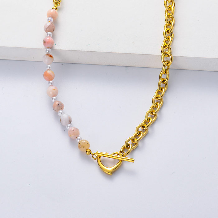 Asymmetric 316L stainless steel gold plated thick chain with pink opal necklace