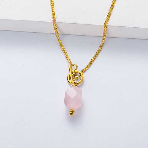 Chaîne épaisse plaquée or en acier inoxydable 316L avec collier en quartz rose