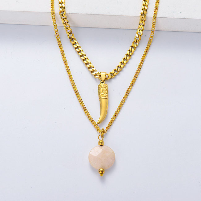 Fashion Non Tarnish 18k Gold Plated Round Natural Stone Pink Quartz Layered Necklace