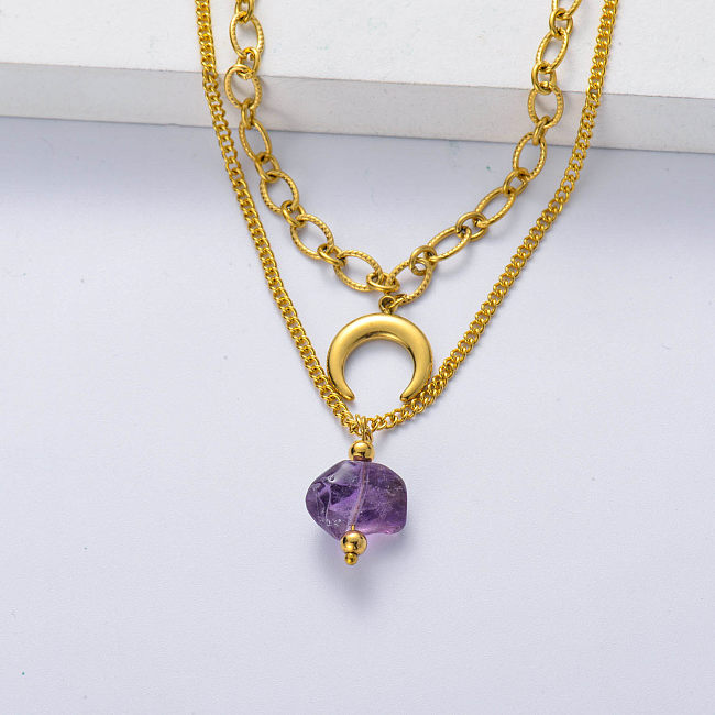 Irregular Natural Stone Amethyst Pendant Necklaces Gold Plated Moon Pendant Layered Necklace