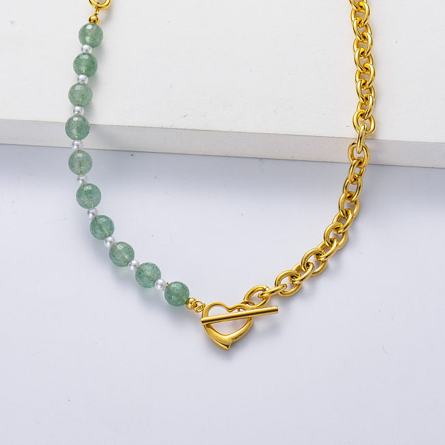 Asymmetric 316L stainless steel gold plated thick chain with green carbon necklace