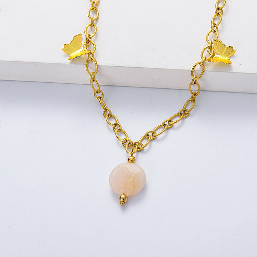 316L stainless steel gold plated thick chain with morganite butterfly necklace