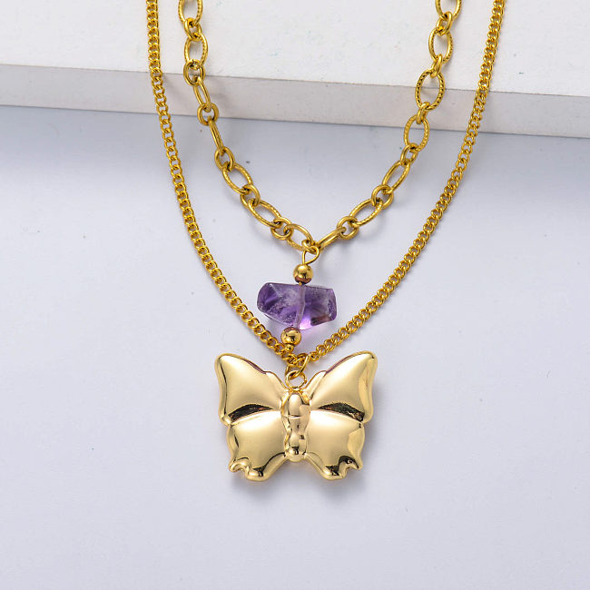 Gold Plated Butterfly Necklace Irregular Shape Natural Amethyst Stone Pendant Necklace