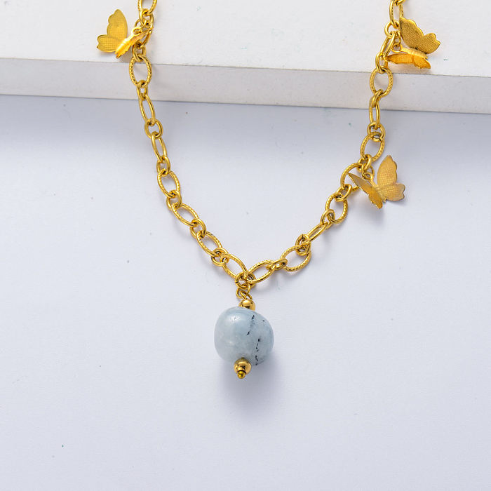 Hot Selling Aquamarine Stone Round Bead Natural Stone Pendant Gold Plated Butterfly Necklace