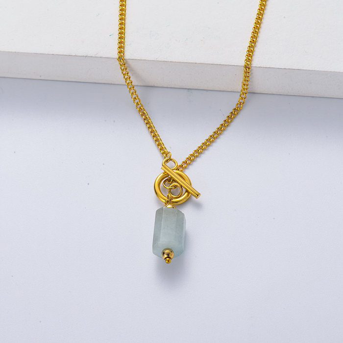 316L stainless steel gold plated thick chain with aquamarine necklace