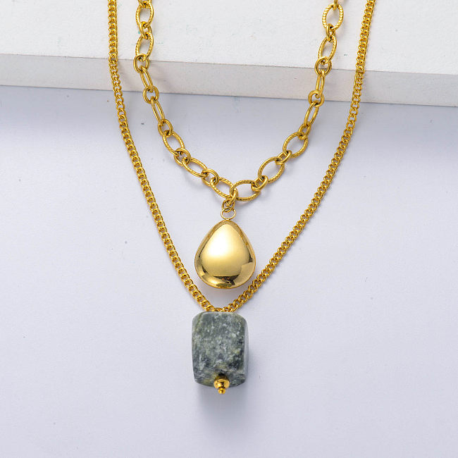 Trendy Geometric Natural Stone Pendant With Water Drop Charm Layered Necklace