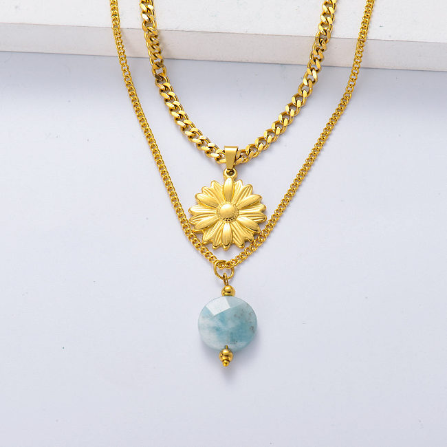 Hot Selling Aquamarine Stone Round Bead Natural Stone Pendant Gold Plated Flower Layered Necklace
