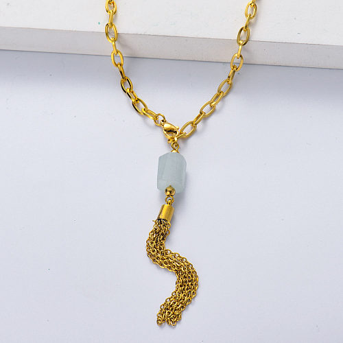 316L stainless steel gold plated thick chain with aquamarine necklace