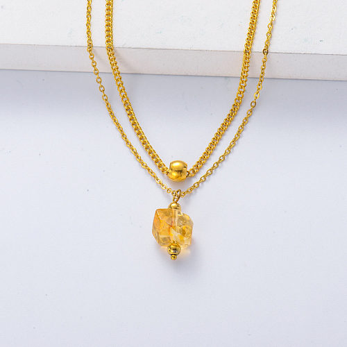 Mode femmes bijoux pierre naturelle citrine plaqué or collier en couches en acier inoxydable