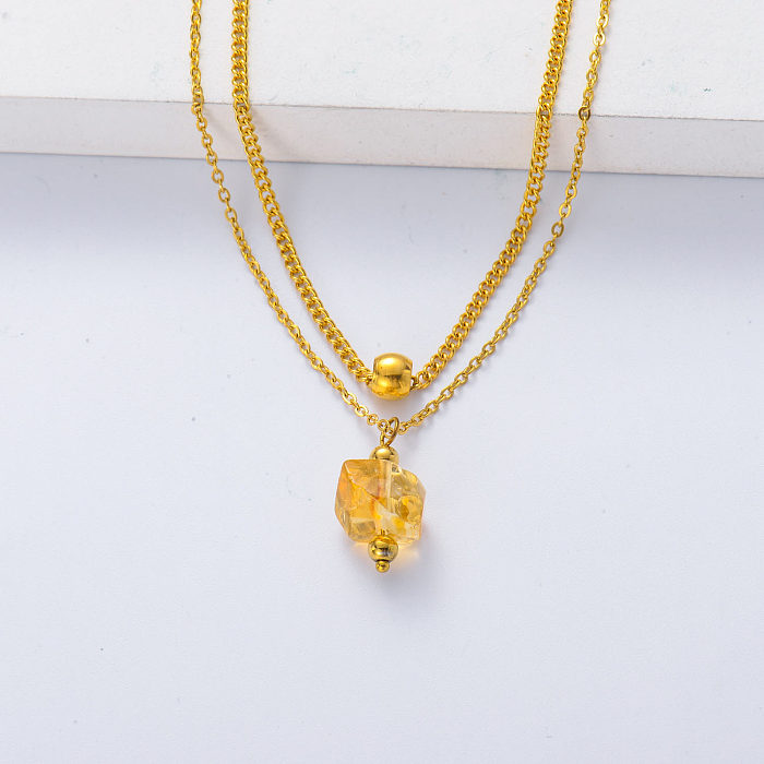 Fashion women jewelry natural stone citrine gold plated stainless steel layered necklace