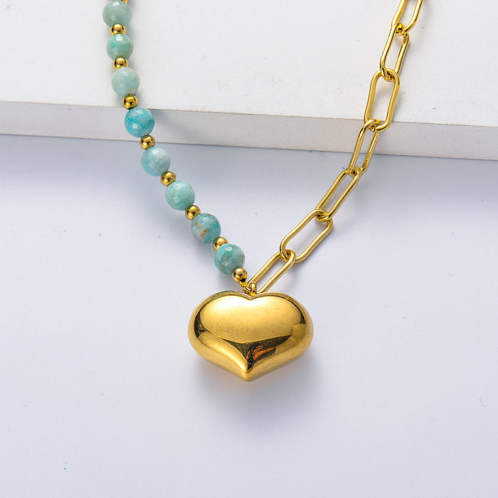 PVD Golden Heart Necklace Stainless Steel Vintage Natural Stone Amazonite Necklace Jewelry