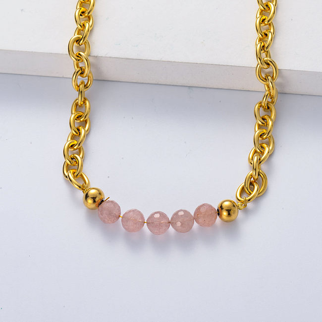 corrente grossa de aço inoxidável banhada a ouro com colar de turmal rosa
