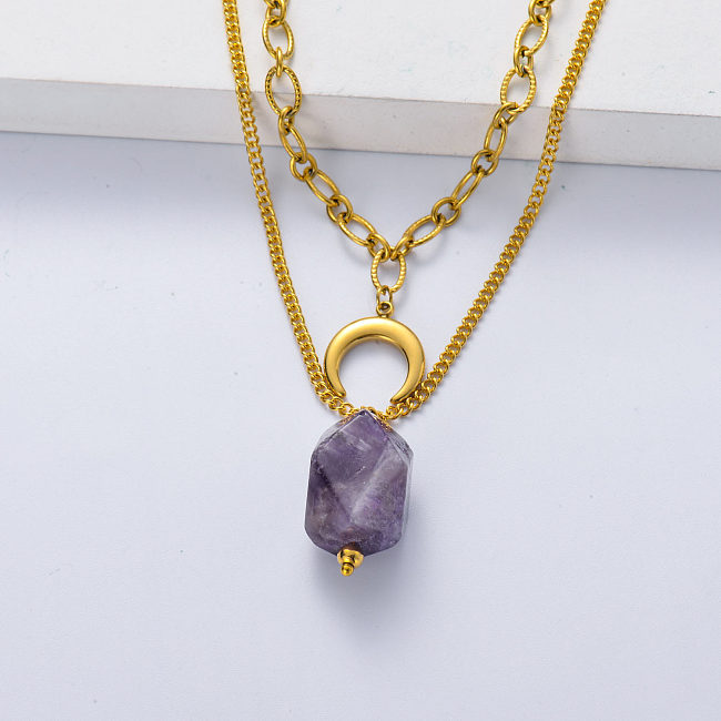 Wholesale Stainless Steel Necklace 18K Gold Plated Moon Natural Stone Amethyst Pendant Layered Necklace