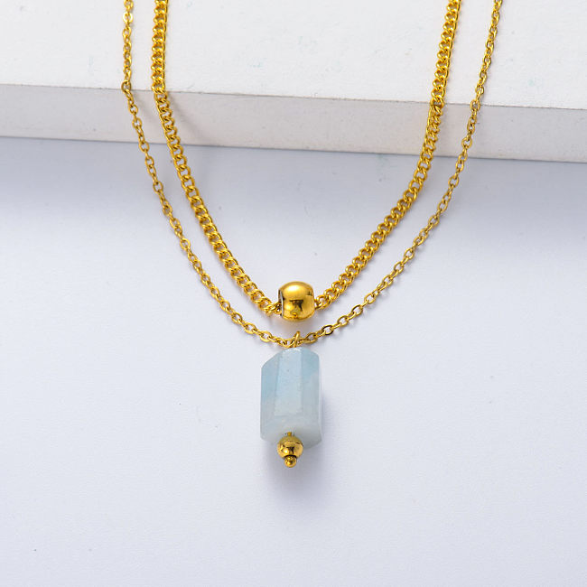Fashion Aquamarine Necklace Polygon Pendant Jewelry Women Natural Stone Layered Necklace