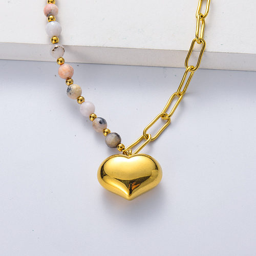 Wholesale PVD 18K Gold Plated Heart Jewelry Natural Stone Pink Opal Pendant Necklace