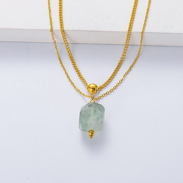 High Quality Geometric Polygon Natural Stone Aquamarine Pendant Gold Plated Layered Necklace