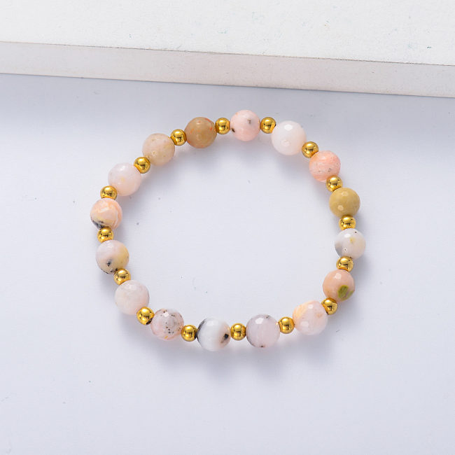 bracelet opale rose avec boule en acier inoxydable pour femme