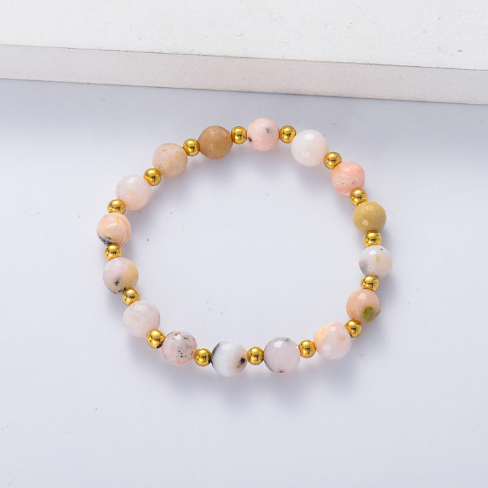 pulseira de opala rosa com bola de aço inoxidável para mulheres