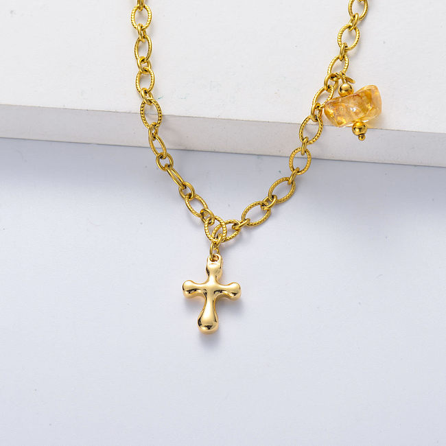 Chaîne épaisse plaquée or en acier inoxydable 316L avec collier asymétrique croix