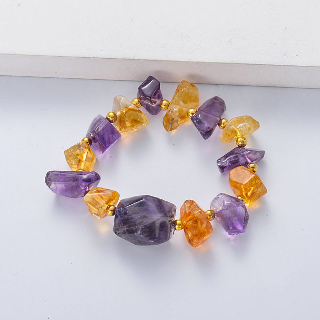 Pulsera de cuentas de piedra citrina amarilla de amatista púrpura de grado A preciosa natural