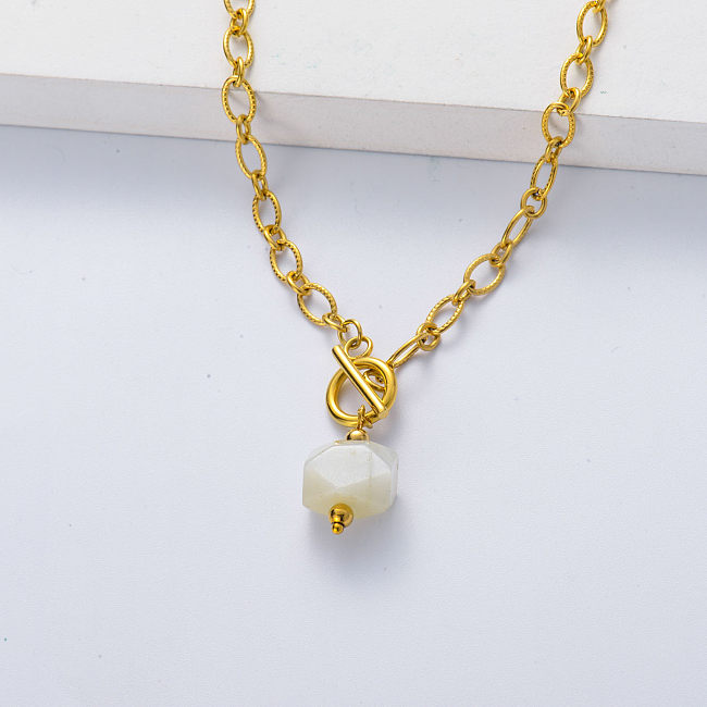 Chaîne épaisse plaquée or en acier inoxydable 316L avec collier en pierre de lune blanche