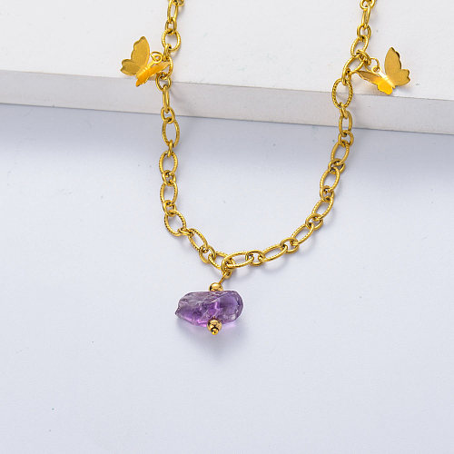 316L stainless steel gold plated thick chain with amethyst butterfly necklace