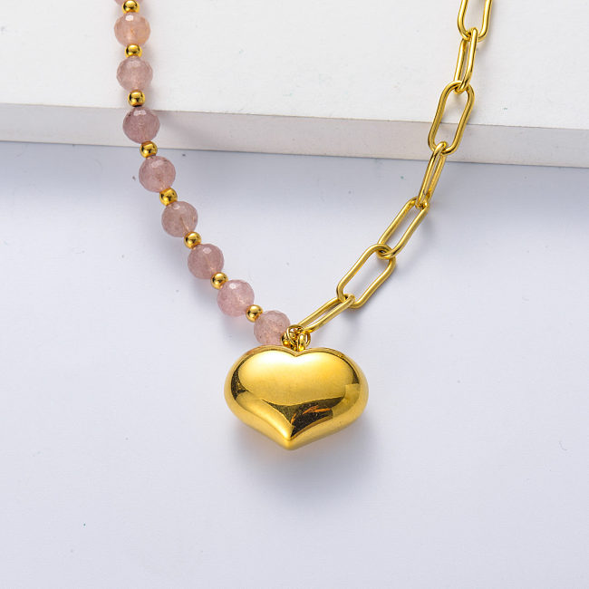 Bijoux de collier de coeur d'acier inoxydable perlé de tourmaline rose faite sur commande de pierre gemme naturelle