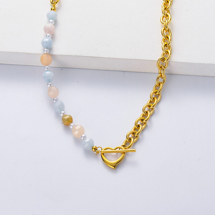 Asymmetric 316L stainless steel gold plated thick chain with morganite necklace