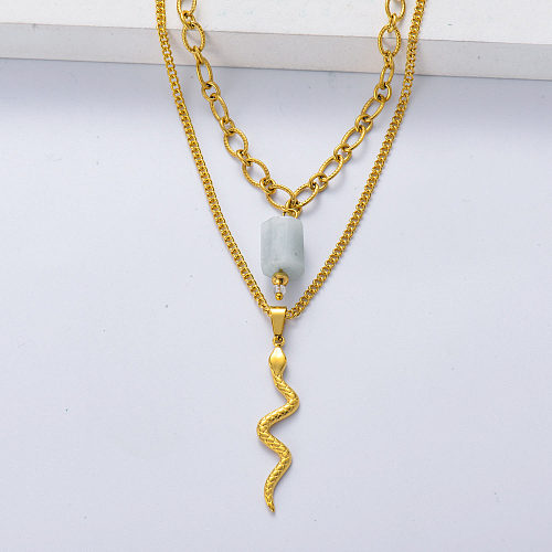 Fashion Non Tarnish 18k Gold Plated Snake Pendant Natural Stone Aquamarine Layered Necklace