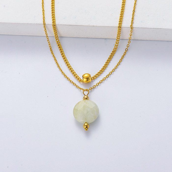 Fashion Non Tarnish 18k Gold Plated Round Natural Stone Moonstone Layered Necklace