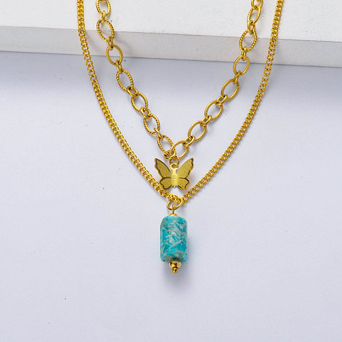 Fashion Amazonite Beaded Necklace Butterfly Pendant Jewelry Women Natural Stone Beaded Necklace