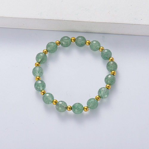 bracelet naturel vert avec boule en acier inoxydable pour femme