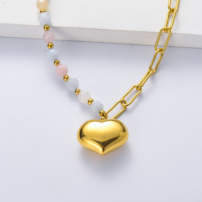 Nuevo collar de morganita de color mezclado de piedra natural de moda personalizado 2022, joyería de corazón chapada en oro