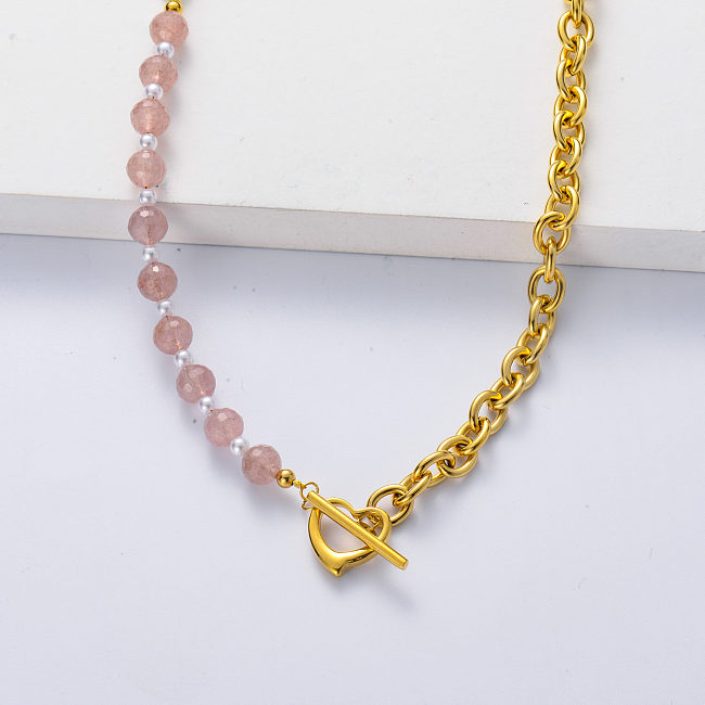 Asymmetric 316L stainless steel gold plated thick chain with pink tourmal necklace