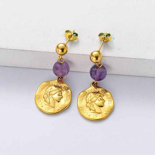 gold plate earring with amethyst for wedding