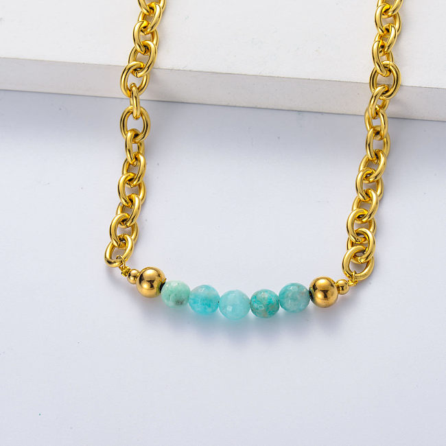 stainless steel gold plated thick chain with amazonite necklace