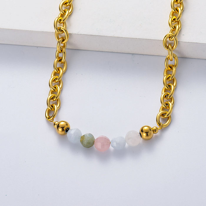 stainless steel gold plated thick chain with Morganite necklace