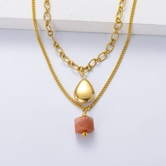 Fashion women jewelry natural stone moonstone gold plated drop pendant layered necklace
