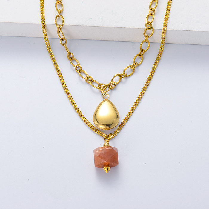 Joyería de moda para mujer, piedra natural, piedra lunar, colgante de gota chapado en oro, collar en capas