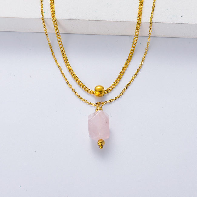 Wholesale PVD 18K Gold Plated Jewelry Natural Stone Pink Quartz Pendant  Layered Chain Necklace